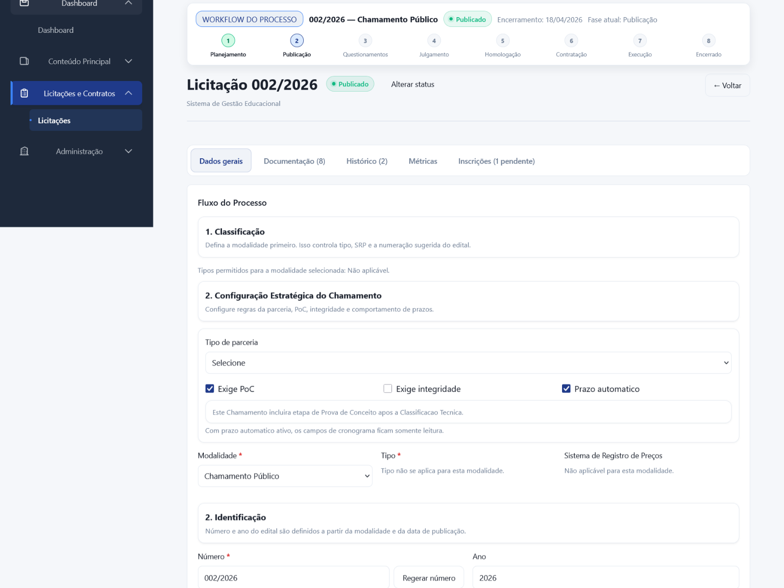 Configuração administrativa do procedimento