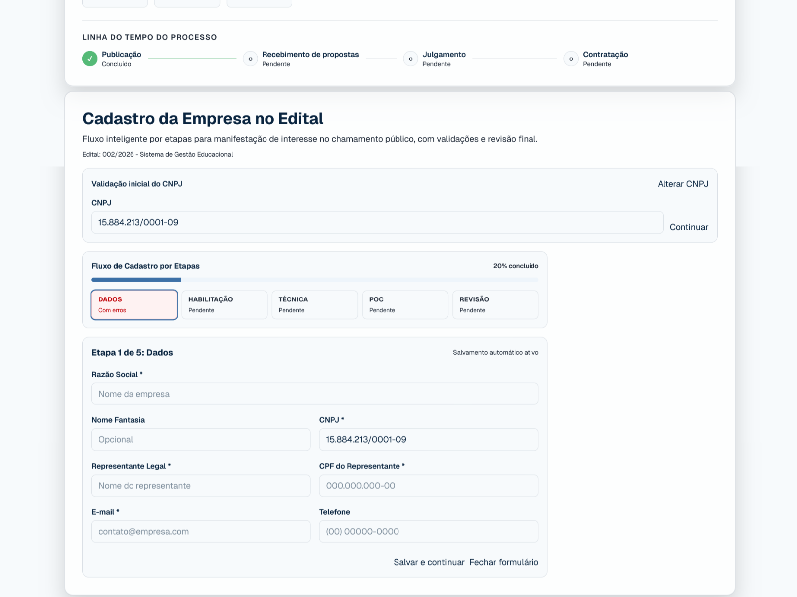 Entrada e cadastro da empresa participante